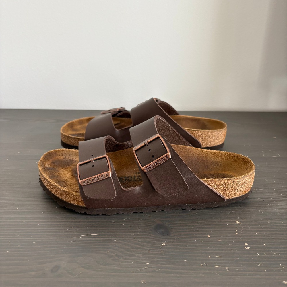 Birkenstock Sandals Arizona 38 Dark Brown Birko-Flor Two Strap Slide Comfort